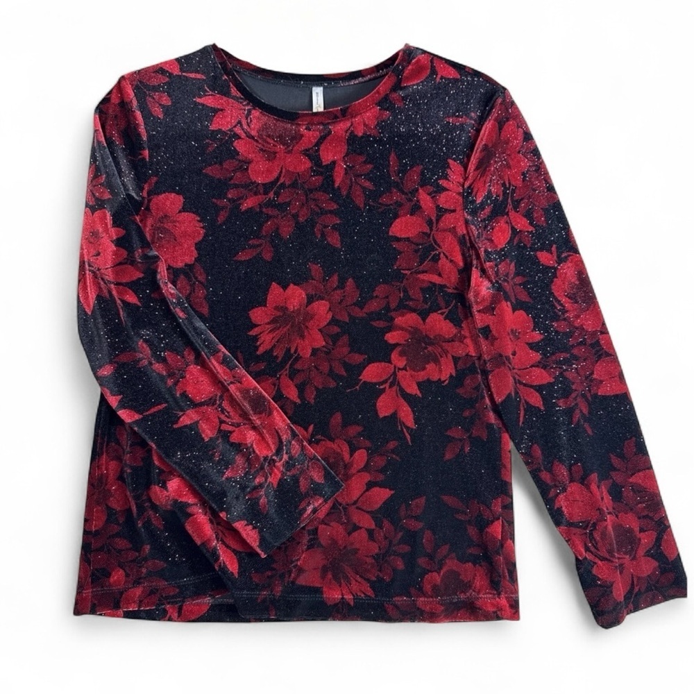 White Stag Velvet Black Red Glitter Holiday Floral Top Size XL Long Sleeve Xmas
